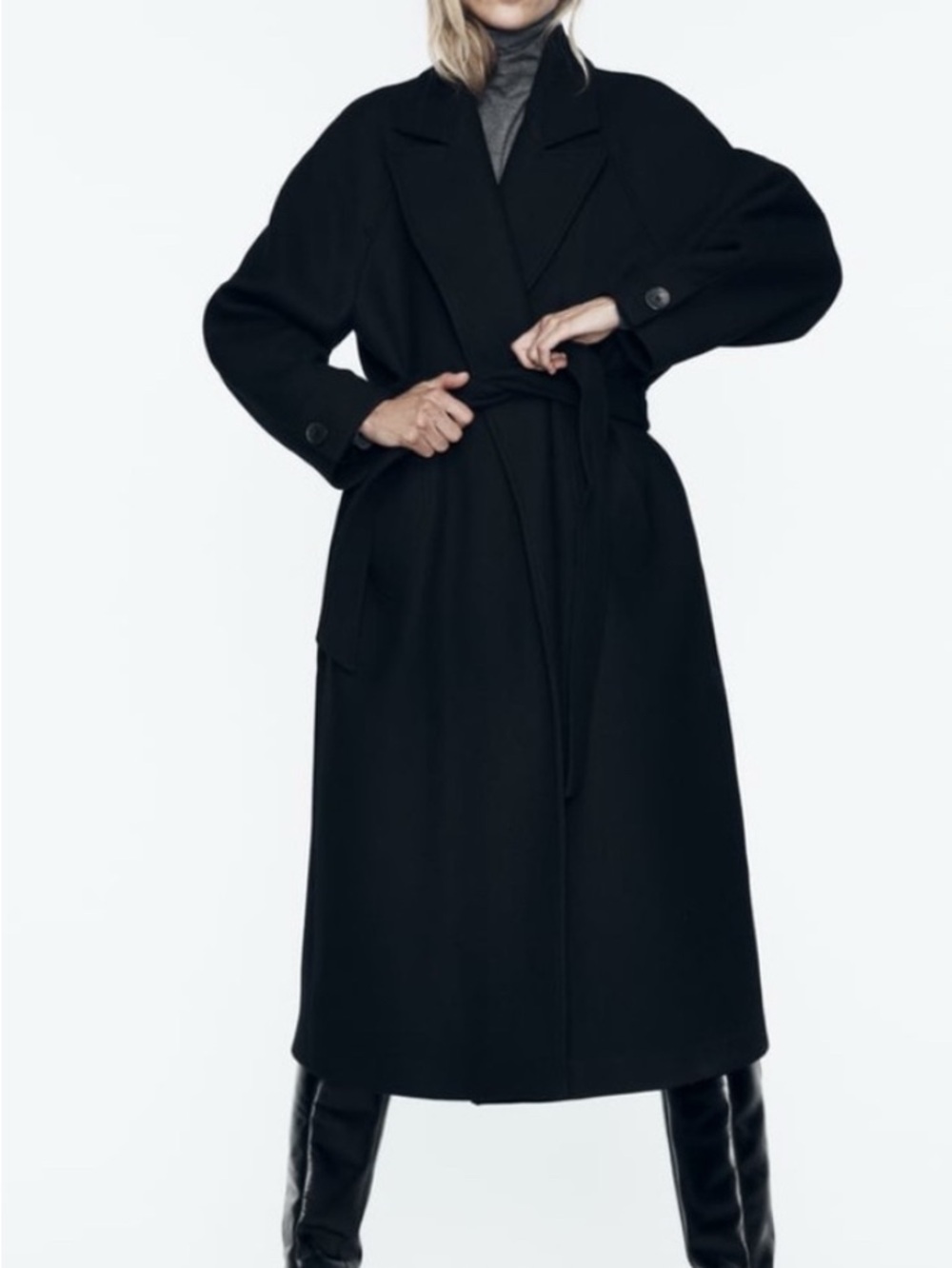 Zara Black Long Belted Wool Blend Pea Coat - Size M